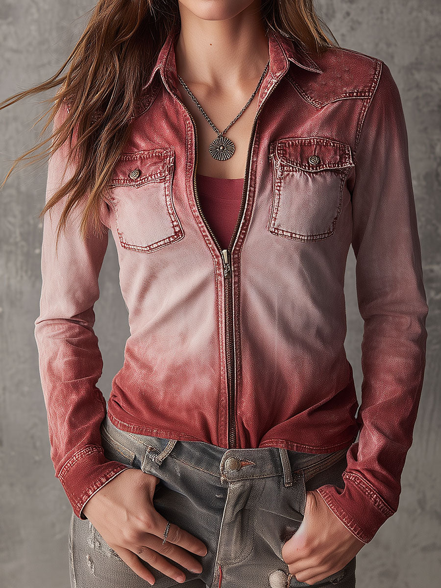 Casual Gradient Wash Faded Red Ombre Zip-Up Denim Shirt