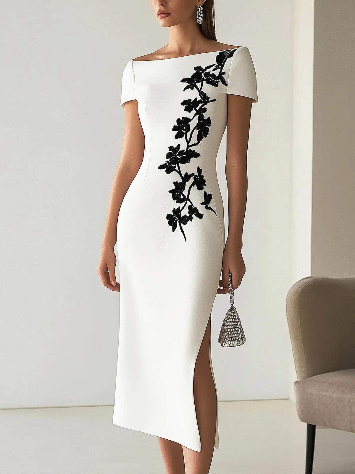 Chic Floral Print Boat Neck Midi Dress White