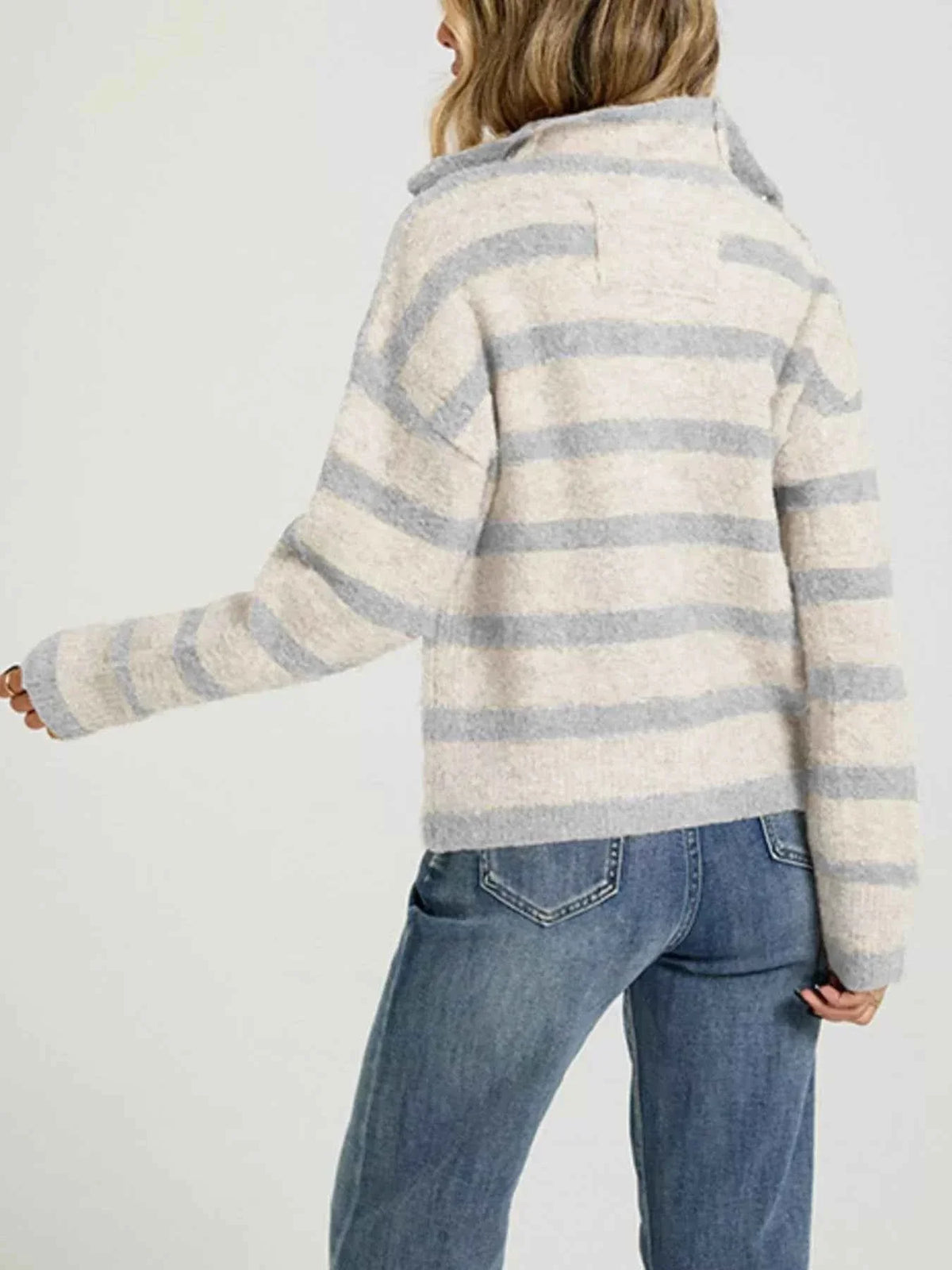 Striped Fuzzy Knit Collared Button Front Long Sleeve Cardigan 8