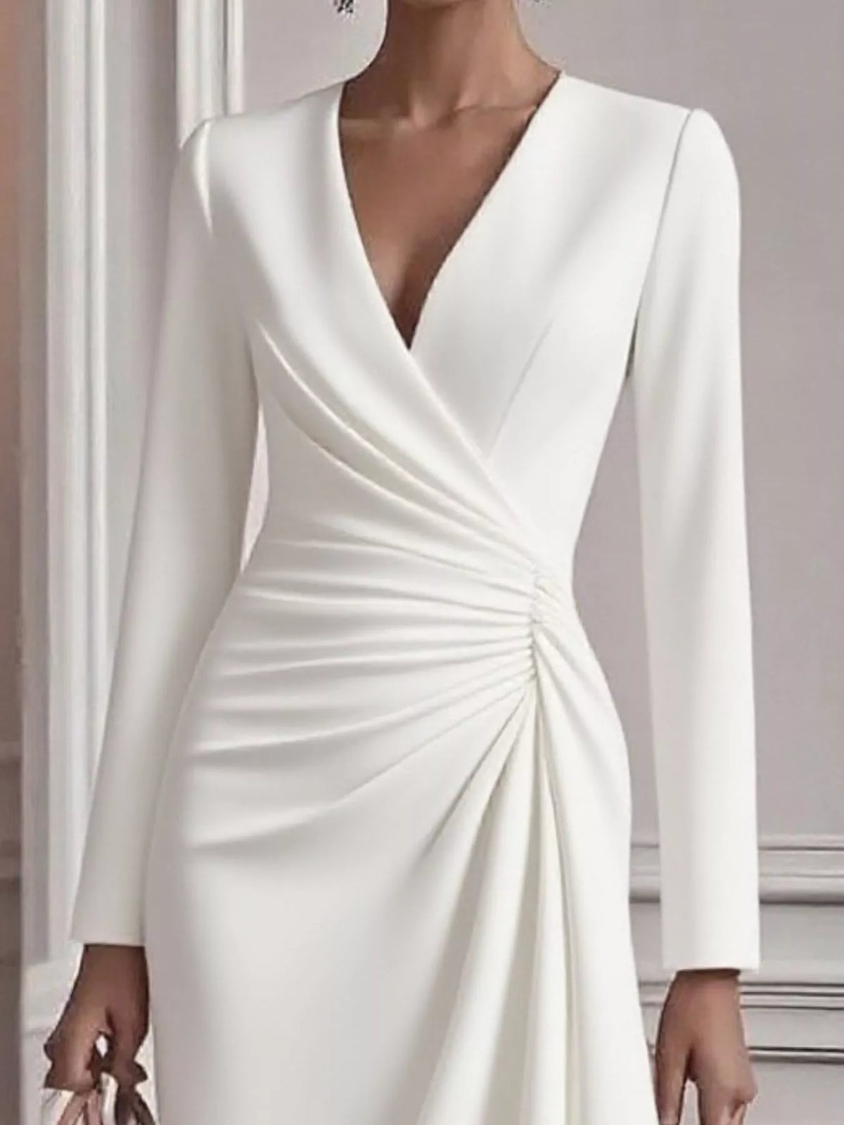 Satin Surplice V-Neck Long Sleeve Ruched Side Wrap Midi Dress 8