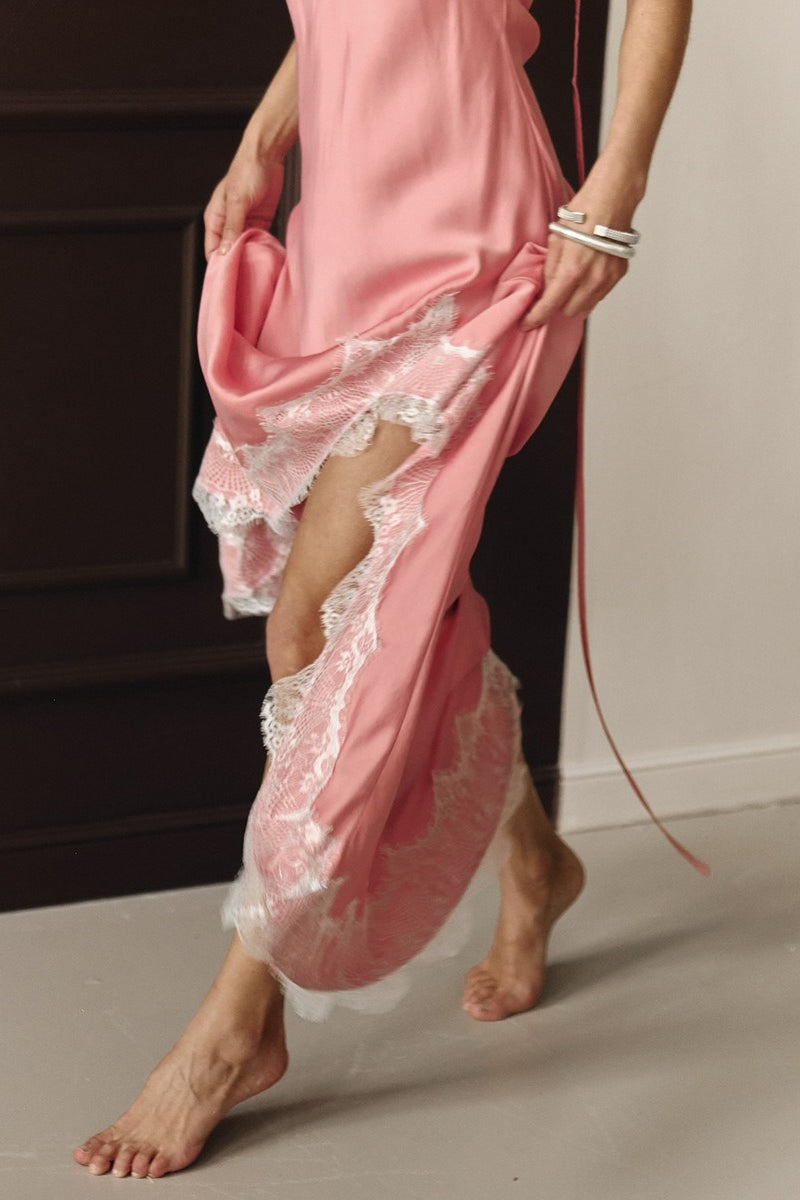 Satin Spaghetti Strap Split Lace Dress - View 5