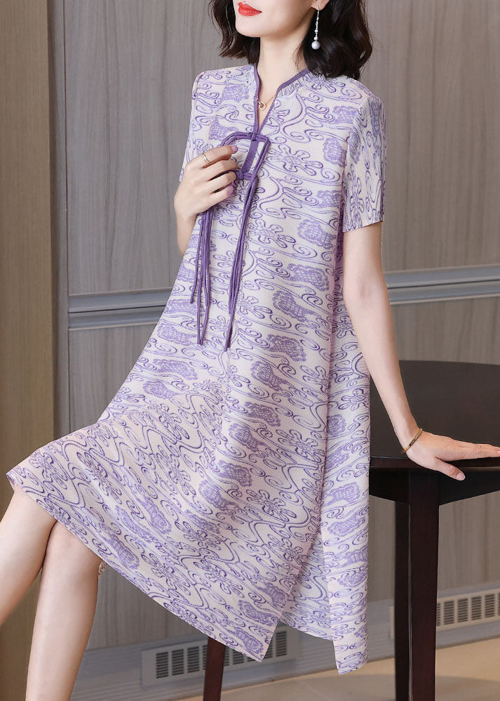 Frog Knot Stand Collar Ribbon Detail Short Sleeve A-Line Dress