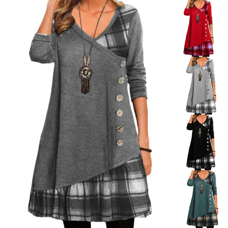 Plaid Patchwork V-Neck Long Sleeve Button Front Tunic Dress