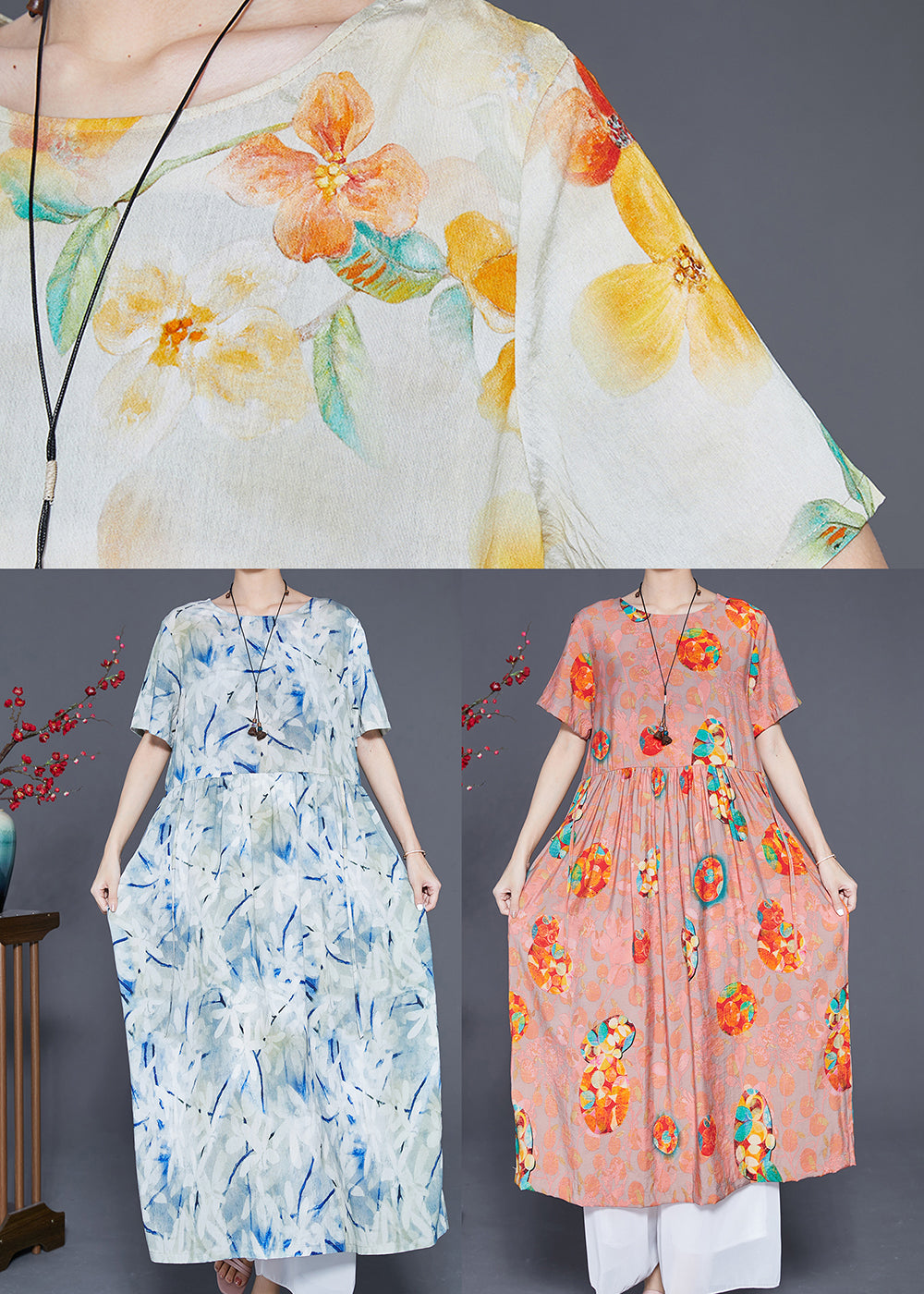 Abstract Print Round Neck Short Sleeve Empire Waist Gathered Midi Dress