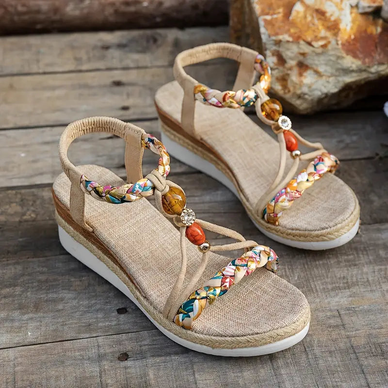 Beaded Braided Strap Espadrille Wedge Sandals