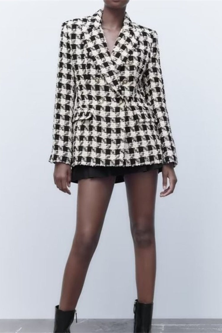 Tweed Check Double Breasted Peak Lapel Frayed Trim Blazer 2