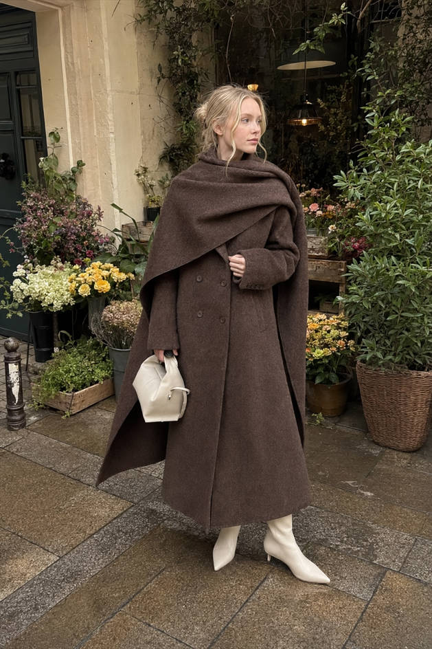 Double Breasted Scarf Neck Longline Wool Look Overcoat 3