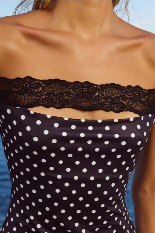 OffShoulder Lace Trim Polka Dot Bodycon Mini Dress