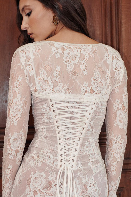 Floral Lace Square Neck Long Sleeve Mermaid Maxi Dress