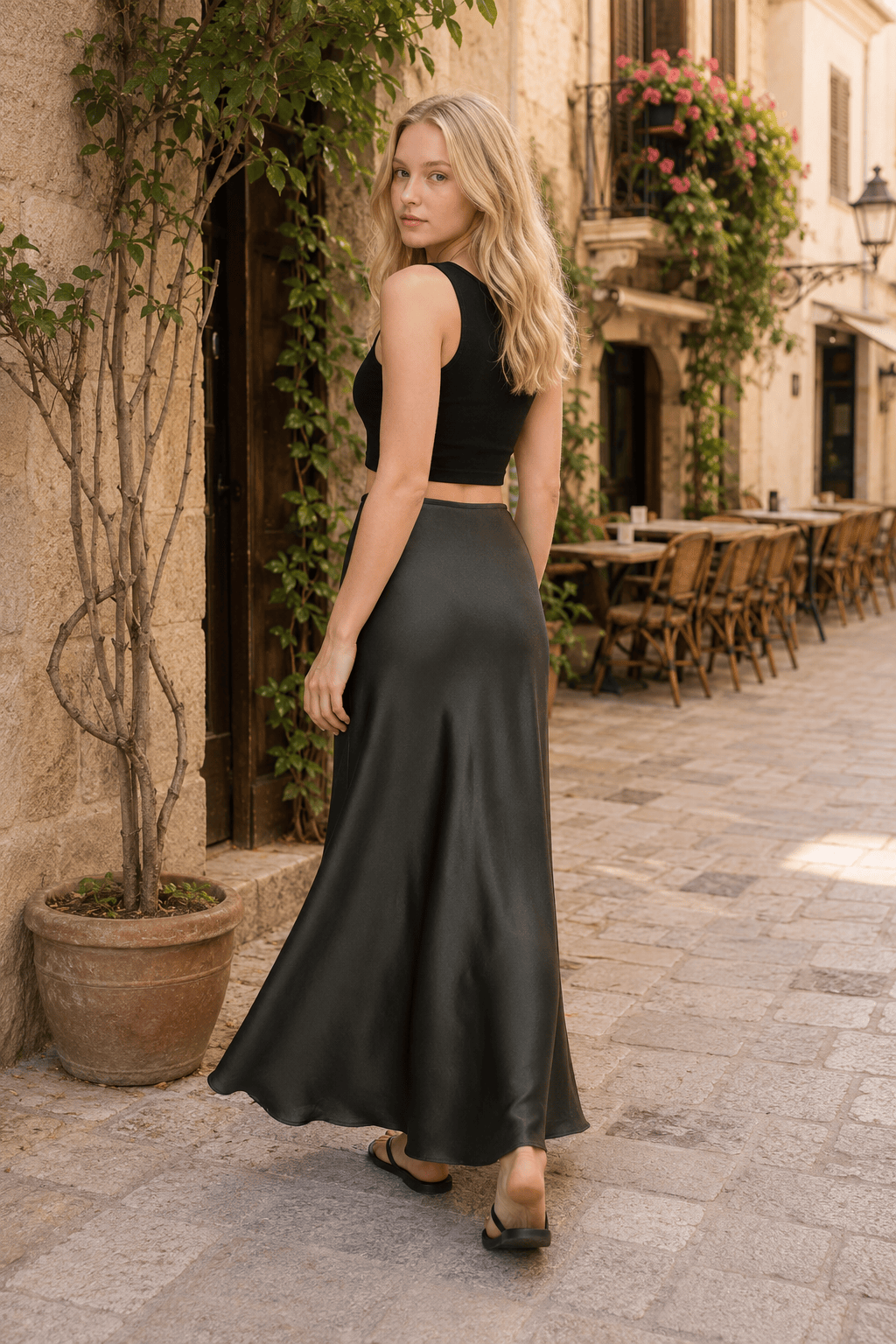 Satin High Waist Bias Cut Flared Hem Maxi Skirt 2