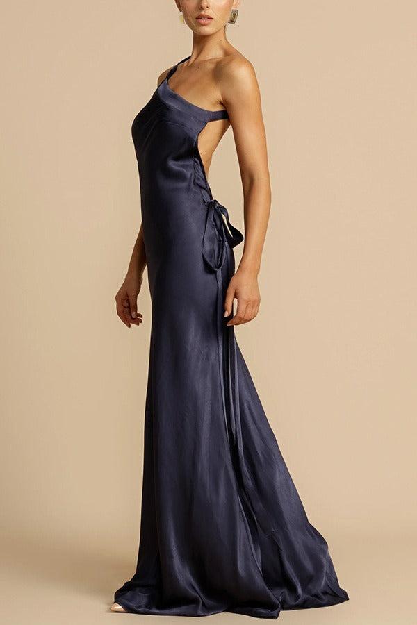 Satin One Shoulder Bias Cut Mermaid Formal Gown - View 7