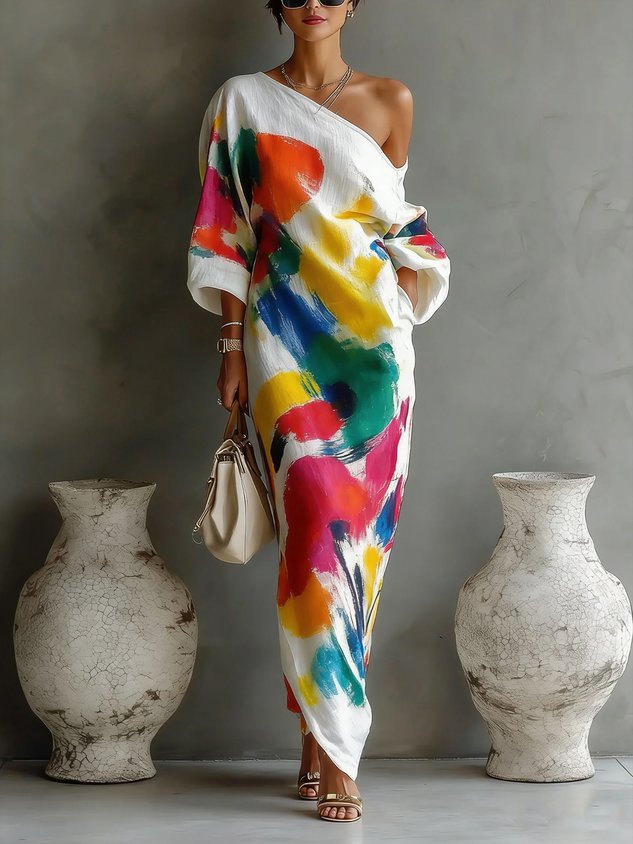 Abstract Print One Shoulder Long Sleeve Maxi Dress