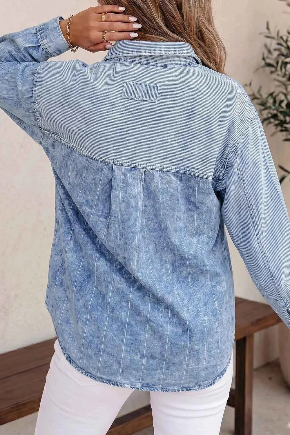 Striped Washed Denim Button Front Chest Pocket Long Sleeve Shirt 2