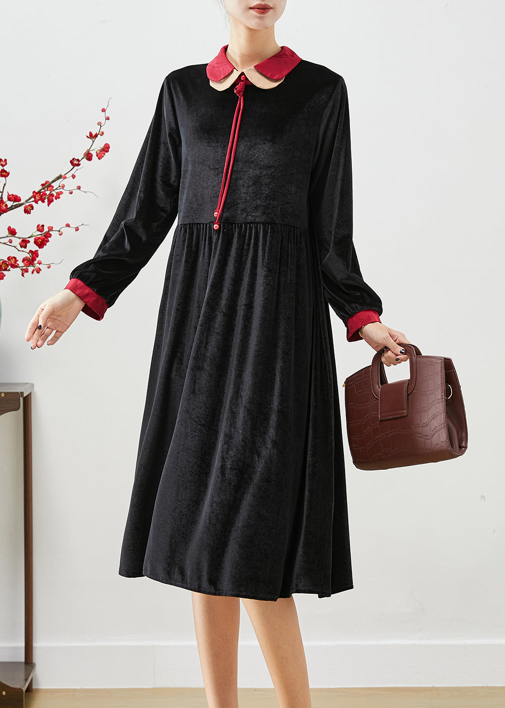 Velvet Peter Pan Collar Contrast Cuff Tie Neck Long Sleeve Empire Midi Dress