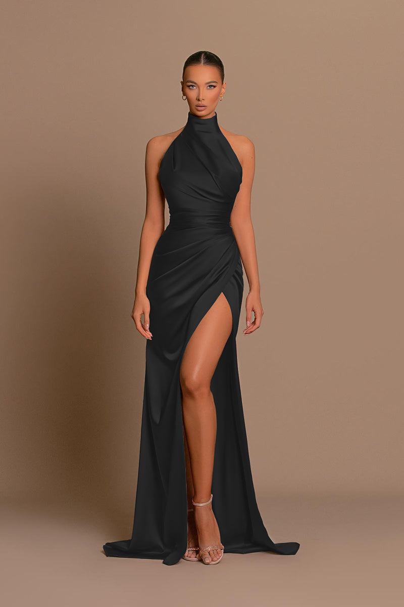 L1442 - High Neck Halter Ruched Satin Long Prom Evening Formal Dress With Slit