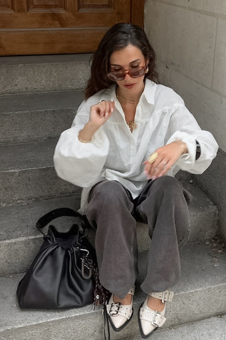 Collared Gathered Yoke Balloon Sleeve Oversized Button Front Shirt 4