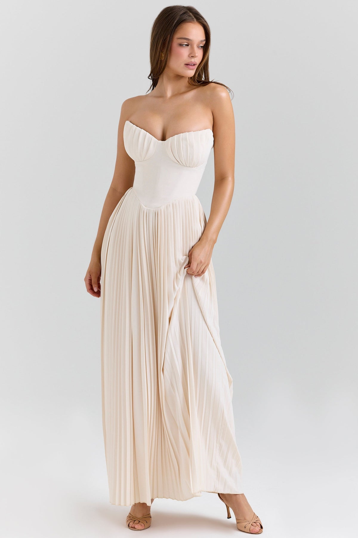 Strapless Sweetheart Bustier Pleated A-Line Maxi Dress 5