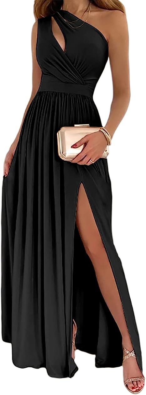 One Shoulder Keyhole Cut Out Pleated High Split Formal Maxi Gown
