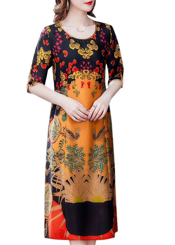 Ethnic Graphic Print Round Neck Elbow Sleeve Contrast Trim Midi Shift Dress