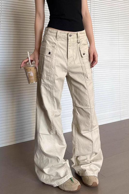 High Waist Snap Flap Pocket Seamed Flare Leg Cargo Pants