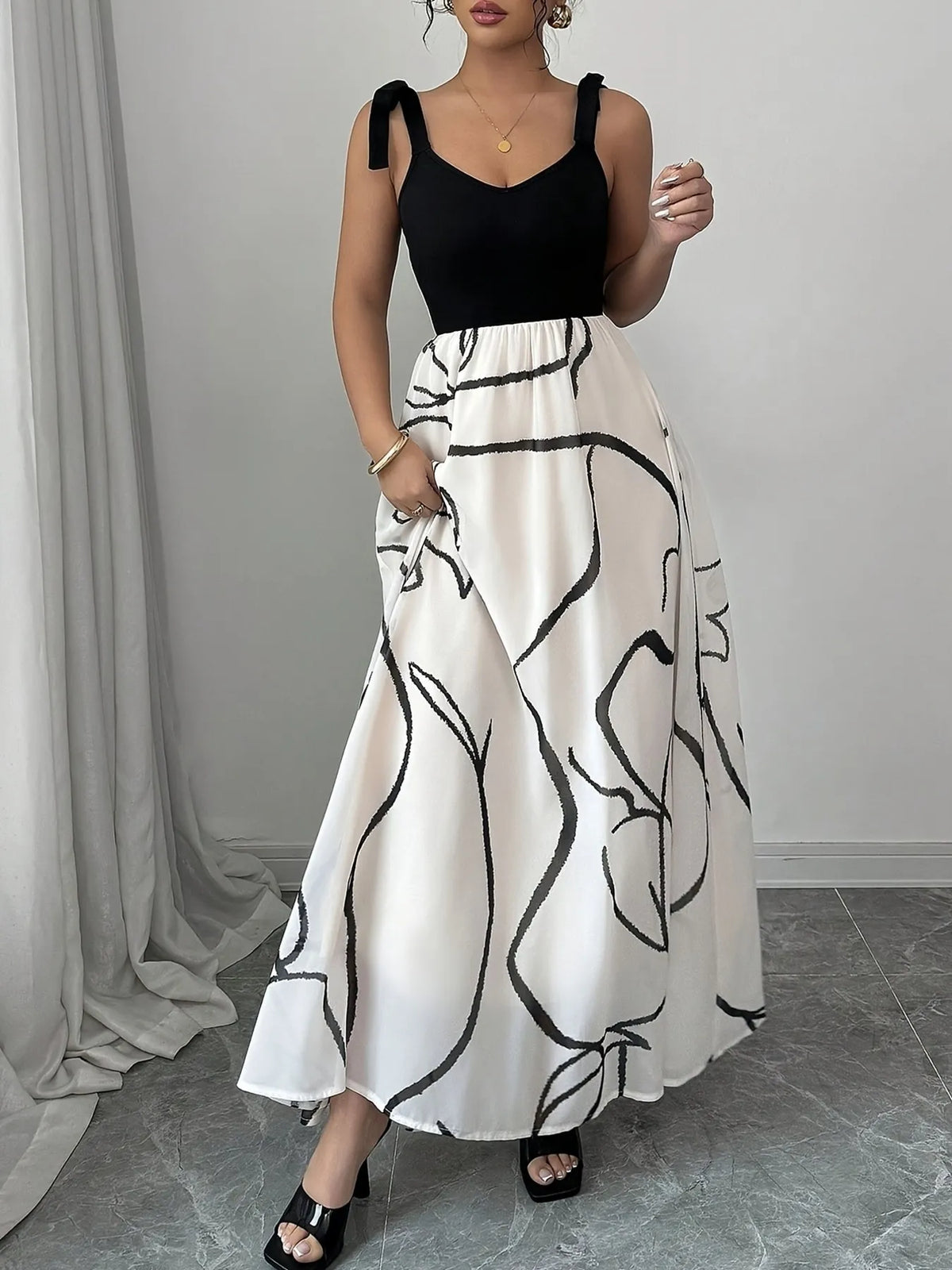 Abstract Line Print Tie Shoulder Contrast Bodice A-Line Maxi Dress