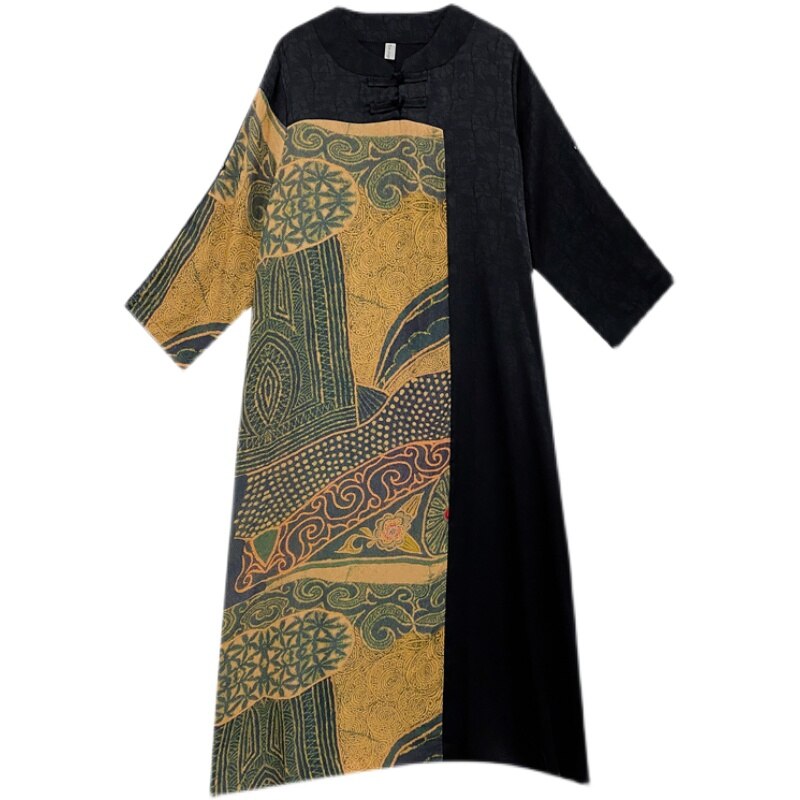 Patchwork Print Mandarin Collar Three-Quarter Sleeve Loose A-Line Midi Dress