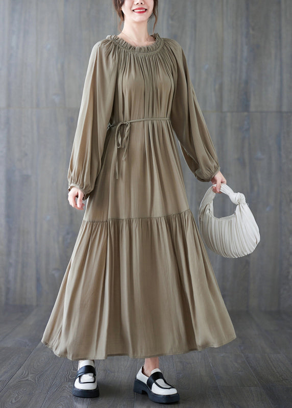 Gathered Neck Puff Sleeve Tie Belt Tiered Ruffle Flowy Maxi Dress