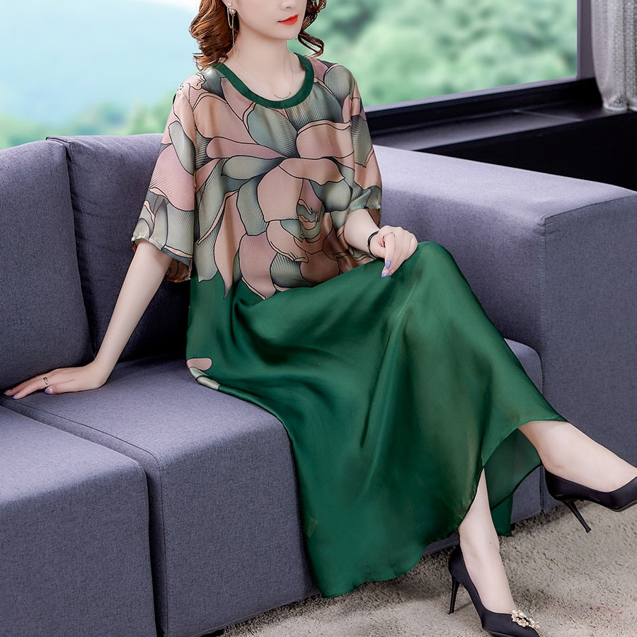 Floral Print Round Neck Short Sleeve Sheer Layered Loose A-Line Midi Dress