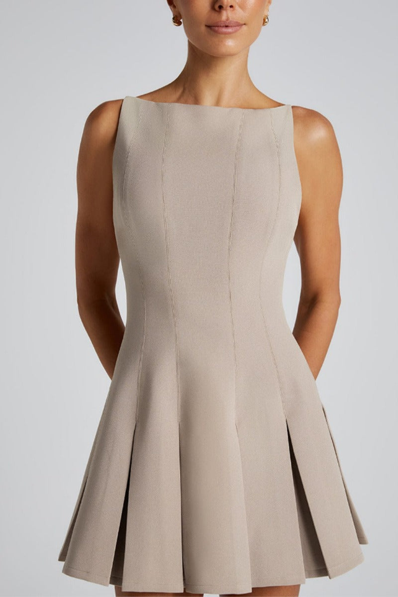 Boat Neck Sleeveless Box Pleat Structured Fit and Flare Mini Cocktail Dress