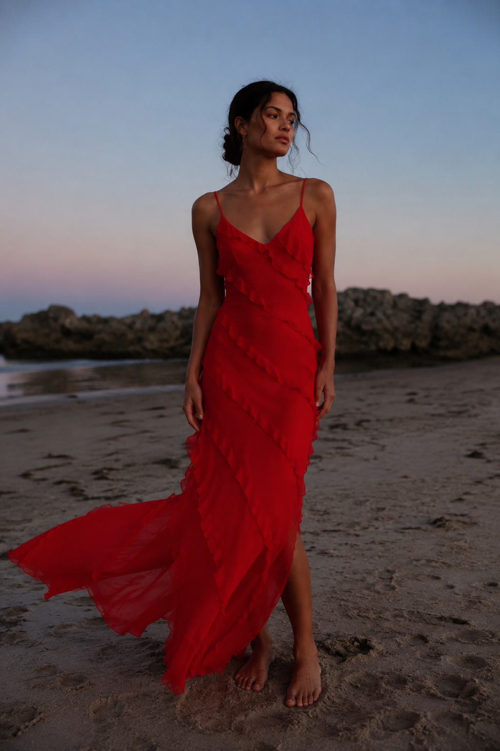 Chiffon Ruffle Open Back Split Slim Slip Dress
