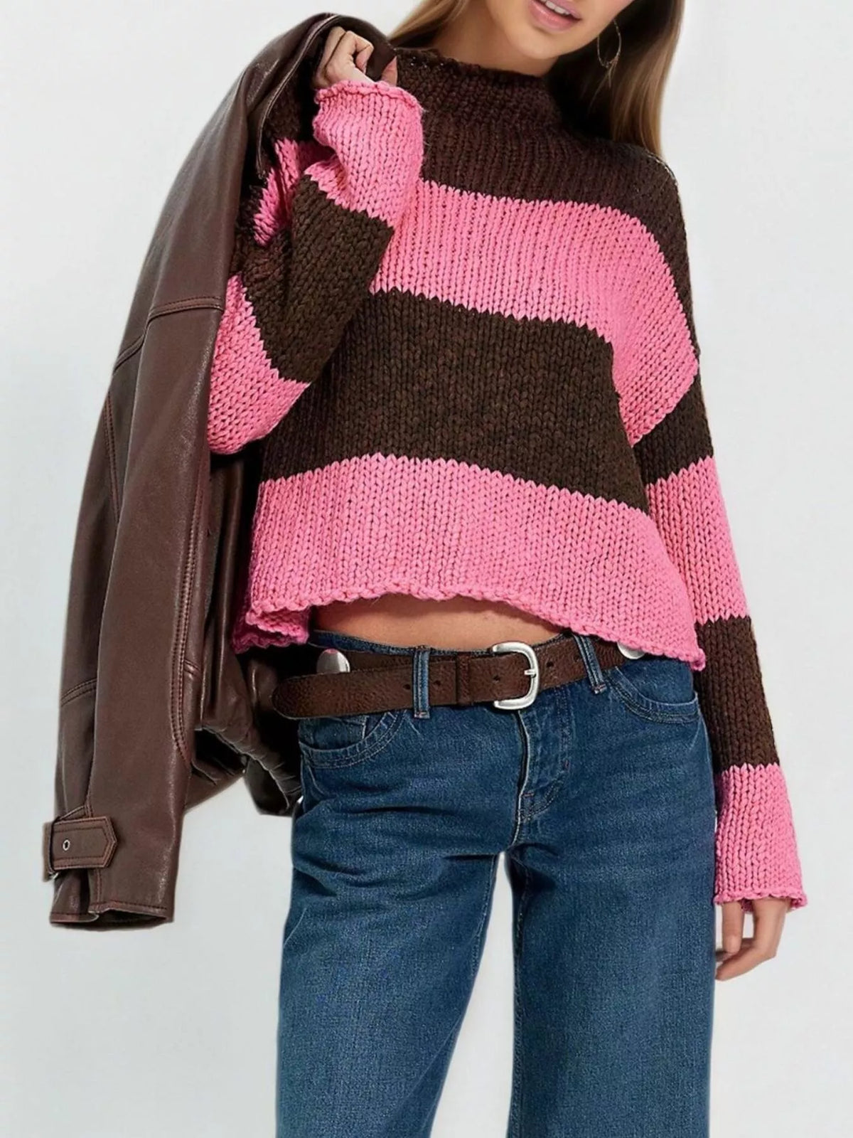 Wide Striped Mock Neck Long Sleeve Chunky Knit Cropped Sweater 8