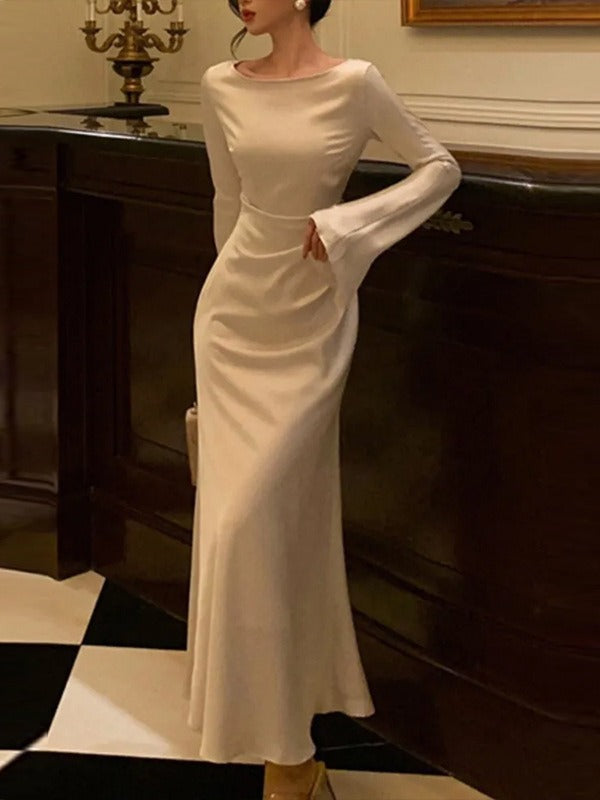 Satin Boat Neck Long Sleeve Bell Cuff Column Maxi Gown