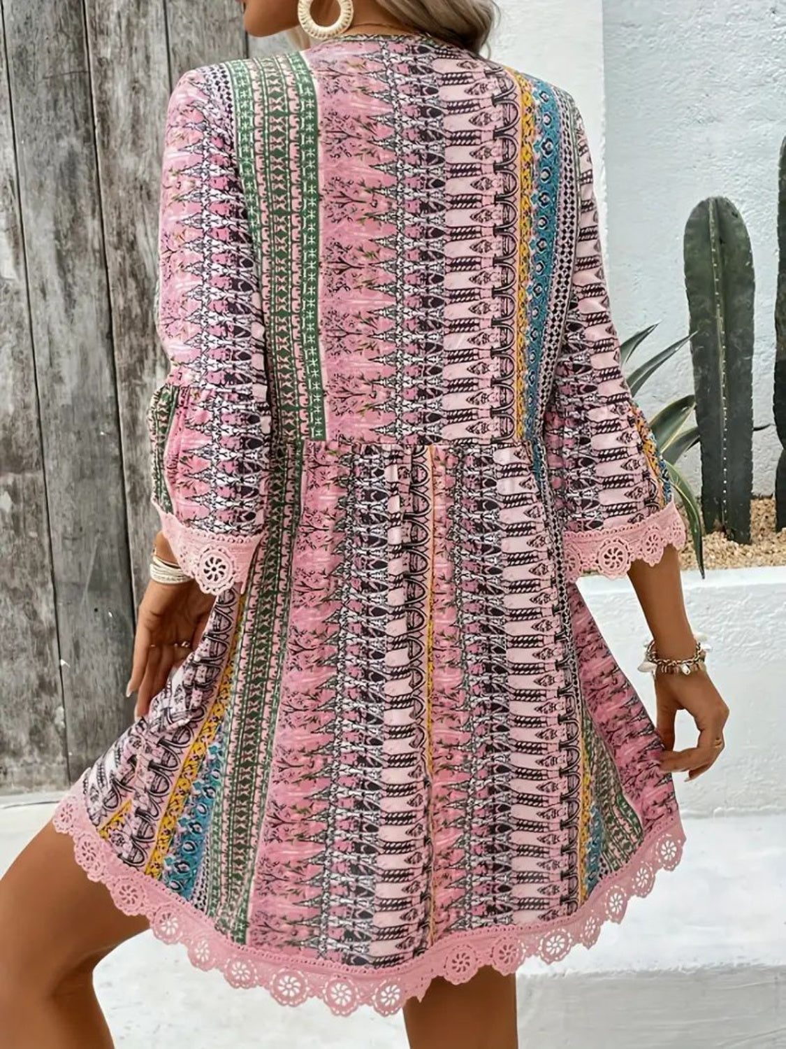 Boho Print Deep V-Neck Lace Trim Mini Dress 12