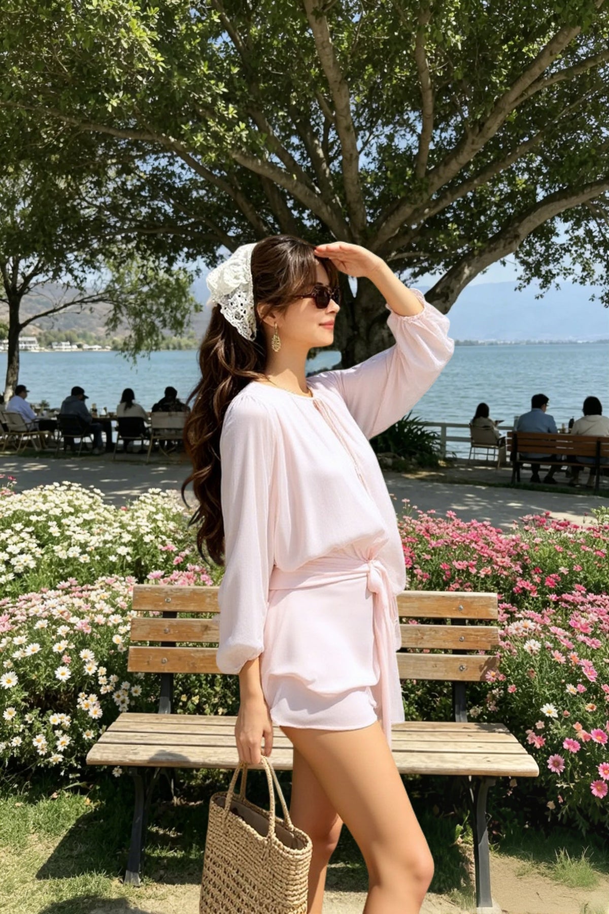 Tie Neck Long Sleeve Blouson Ruffle Hem Mini Dress 2