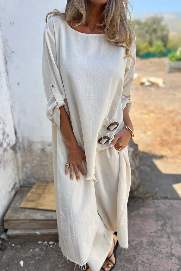 Ring Detail Button Tab Sleeve Asymmetrical Frayed Hem Tunic Wide Leg Two Piece Set