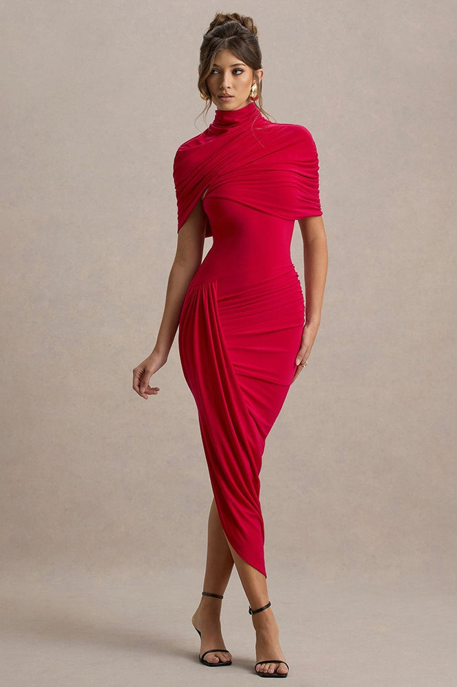 High Neck Ruched Sash Bodycon Midi Dress