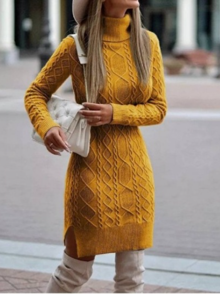 Cable Knit Turtleneck Long Sleeve Sweater Mini Dress 5