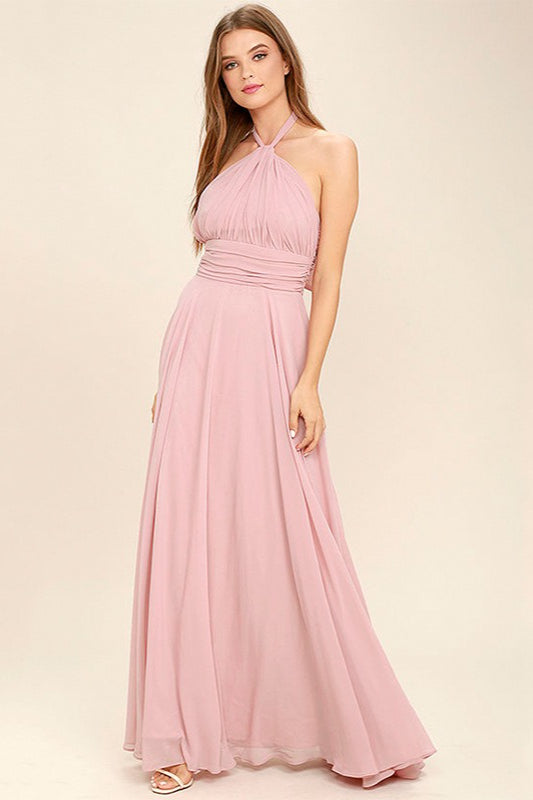 Halter Neck Ruched Chiffon Maxi Gown