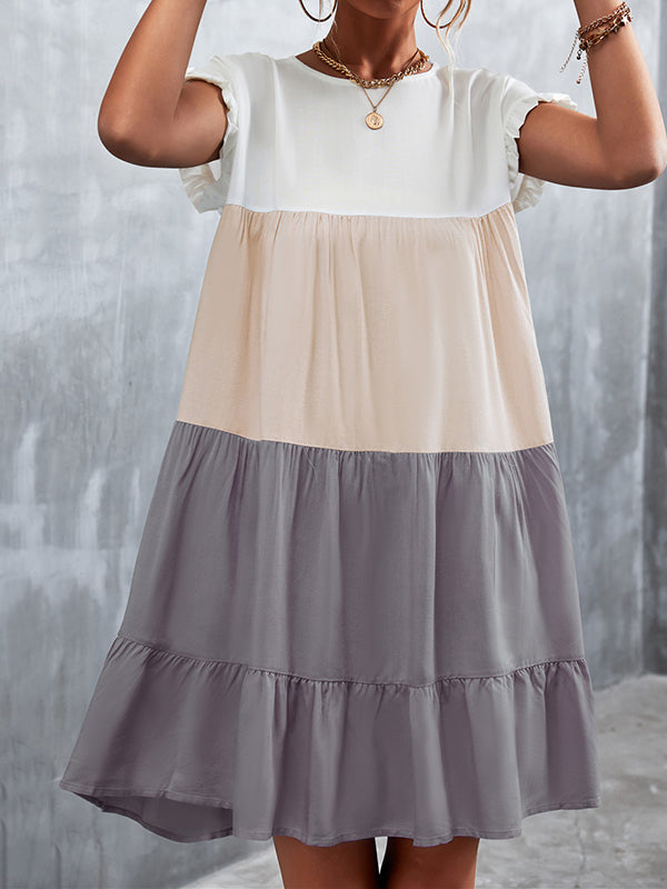 Round Neck Flutter Sleeve Tiered Babydoll Mini Dress 3