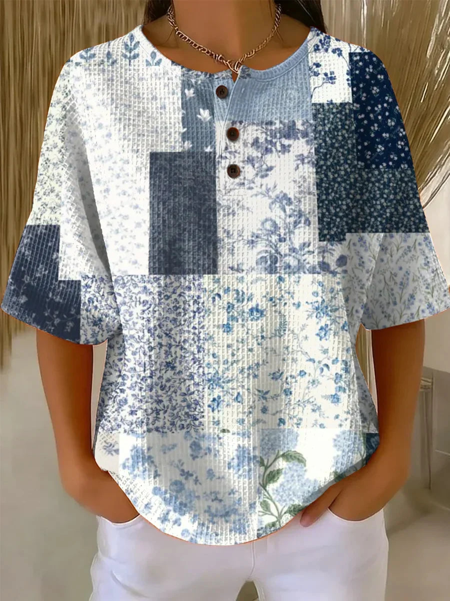 Women's Patchwork Small Floral Art Pattern Print Casual Waffle Cotton Shirt RM606