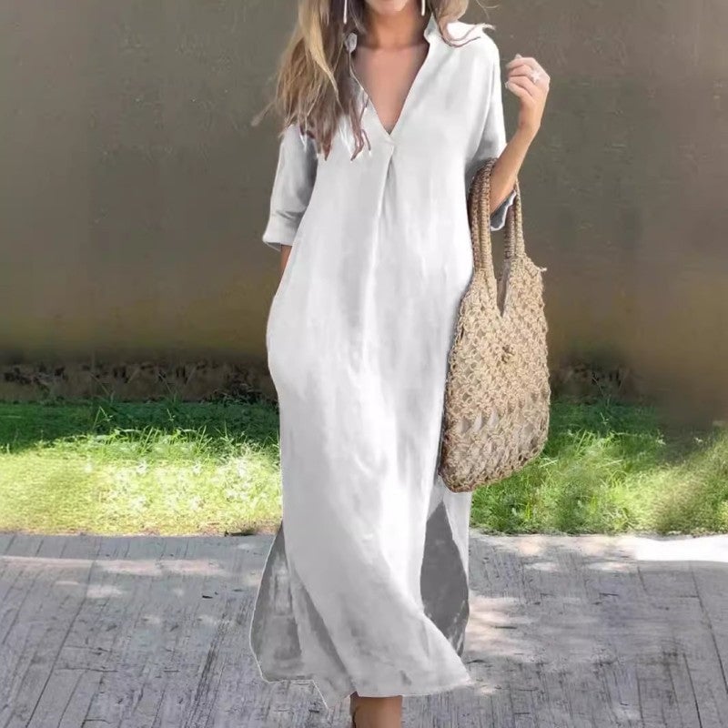 Collared V-Neck Short Sleeve Side Split Maxi Dress