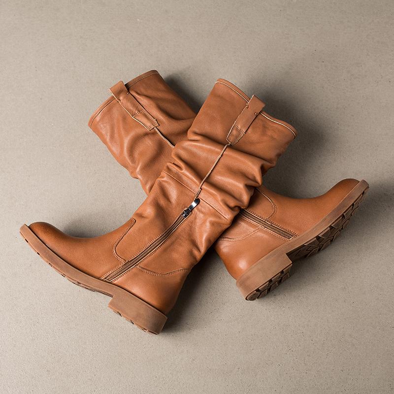 Waxing��Leather Knee High Boots Fold Design Riding Boots Black/Brown