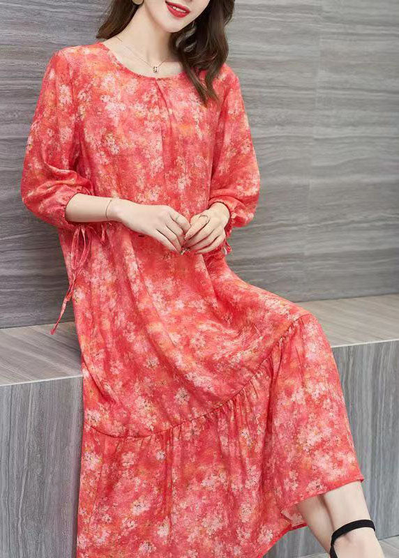 Floral Print Round Neck Tie Cuff Three Quarter Sleeve Tiered Ruffle Midi Dress