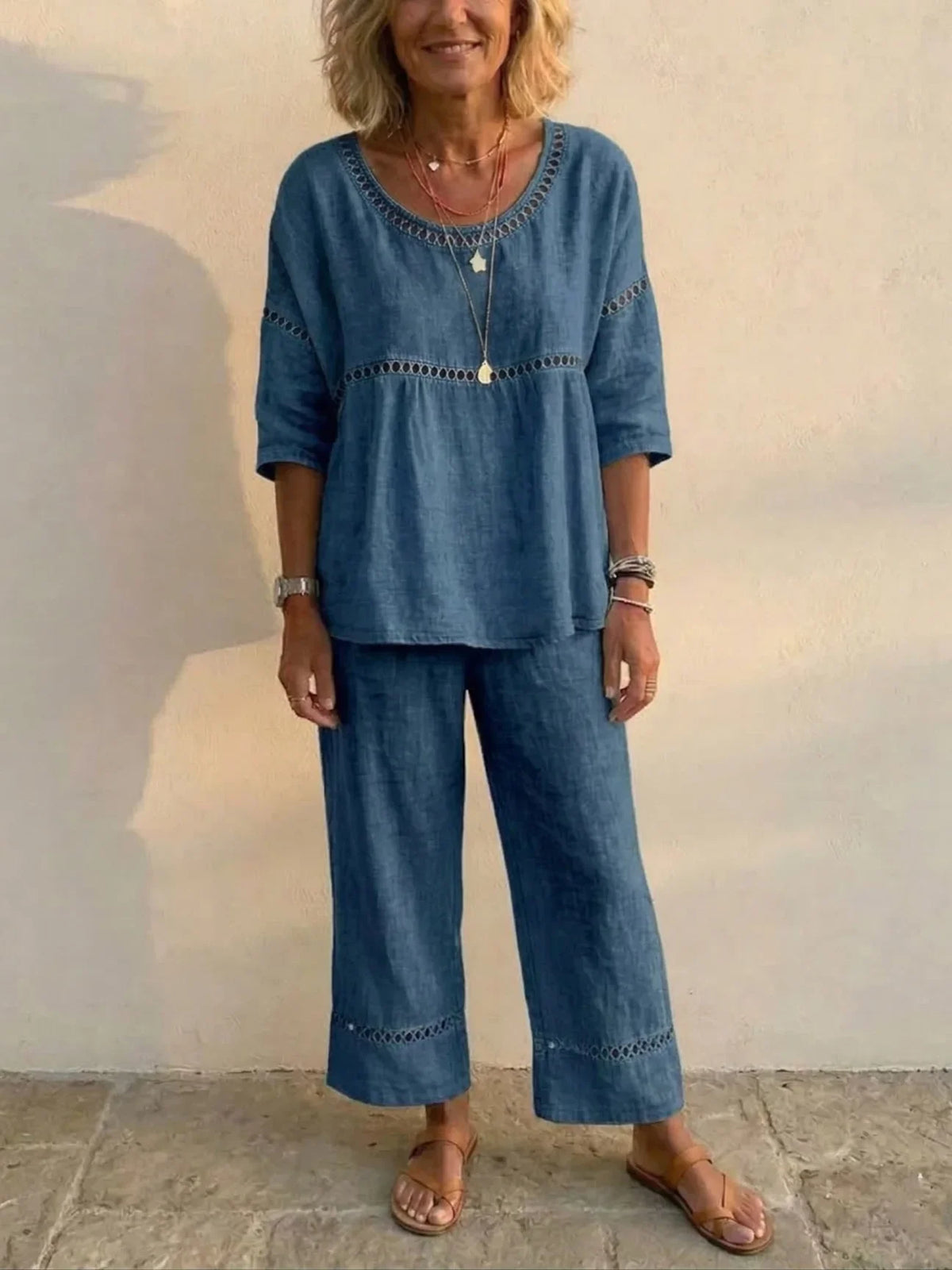 Crochet Cutout Trim Round Neck Top and Wide Leg Pants Two Piece Set