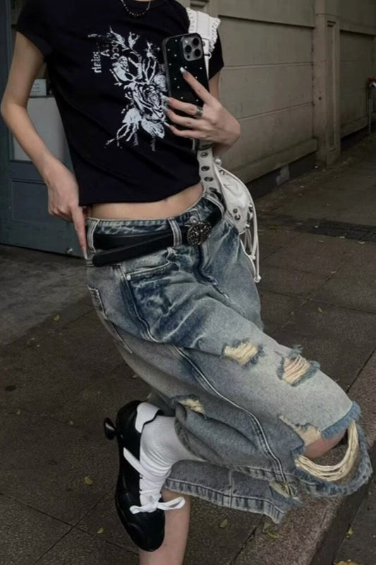 Relaxed Fit Raw Hem Denim Shorts