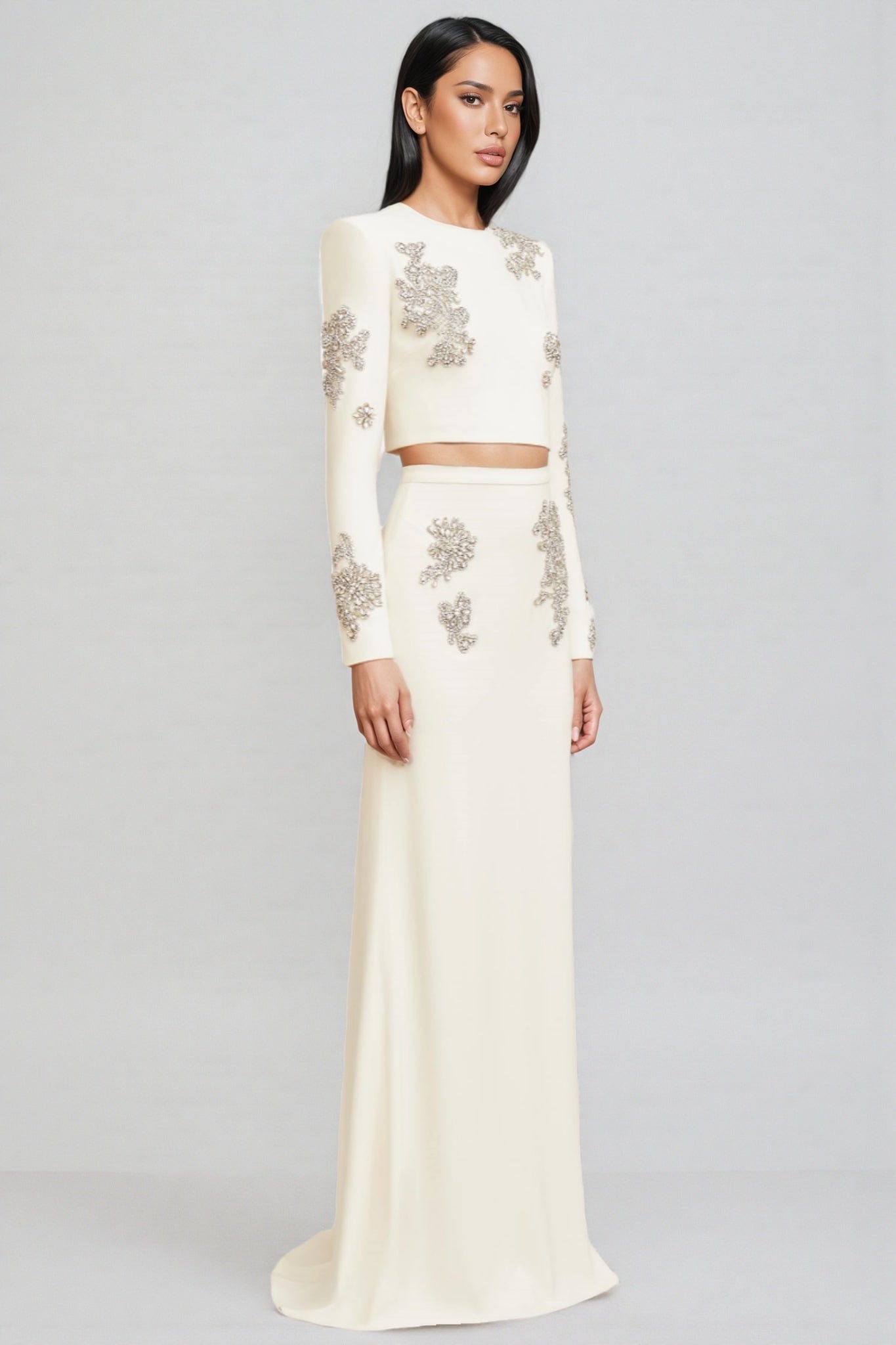 Beaded Floral Appliqué Long Sleeve Crop Top Maxi Skirt Two Piece Set