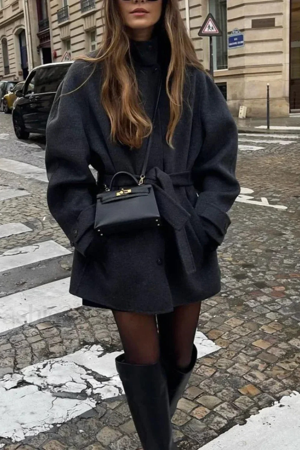 Woolen Turtleneck Belted Single-Breasted Overcoat