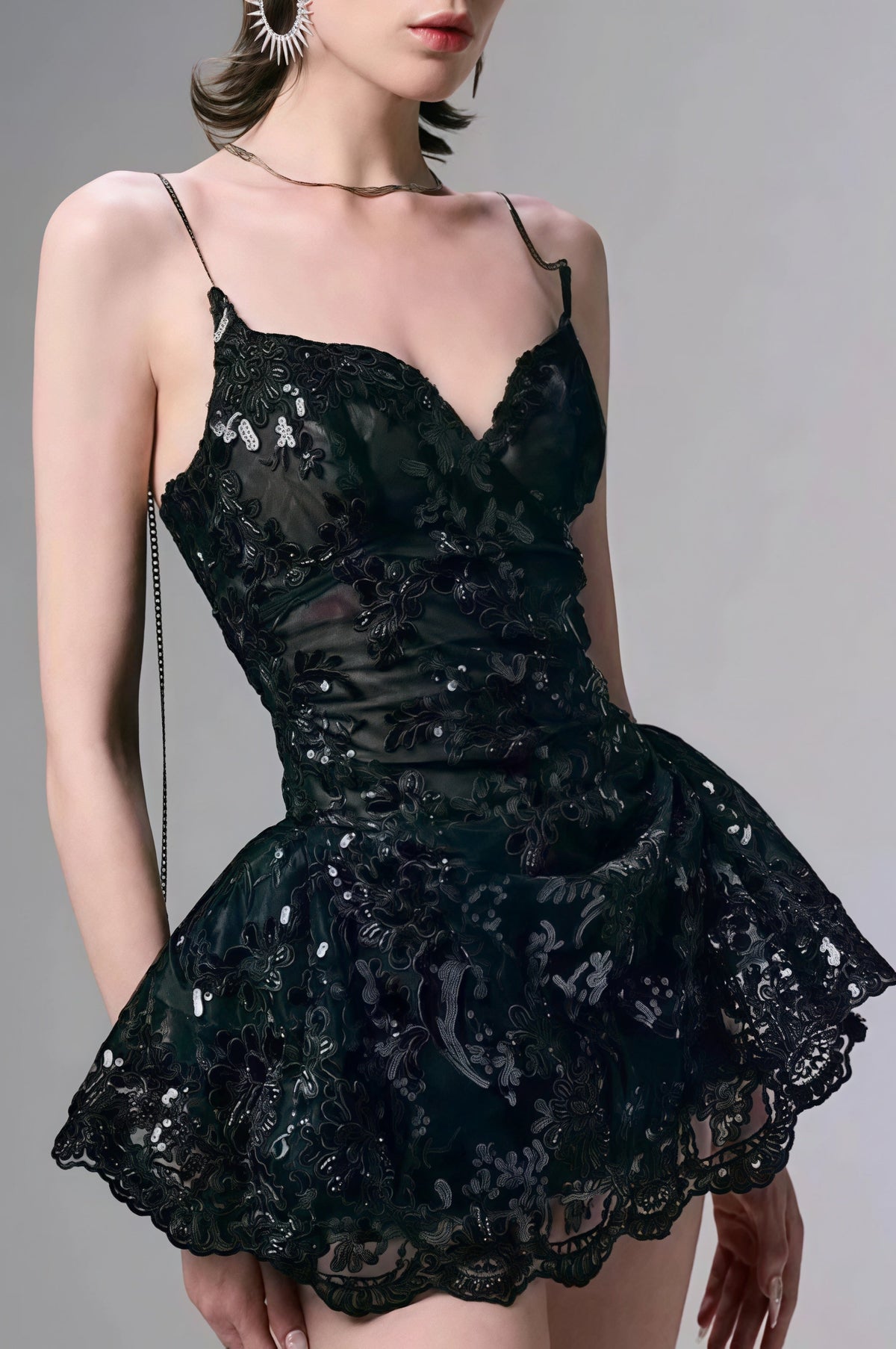 Sequin Embroidered Lace Spaghetti Strap Peplum Flare Mini Dress