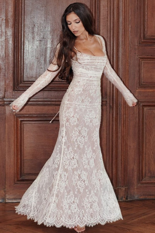 Floral Lace Square Neck Long Sleeve Mermaid Maxi Dress