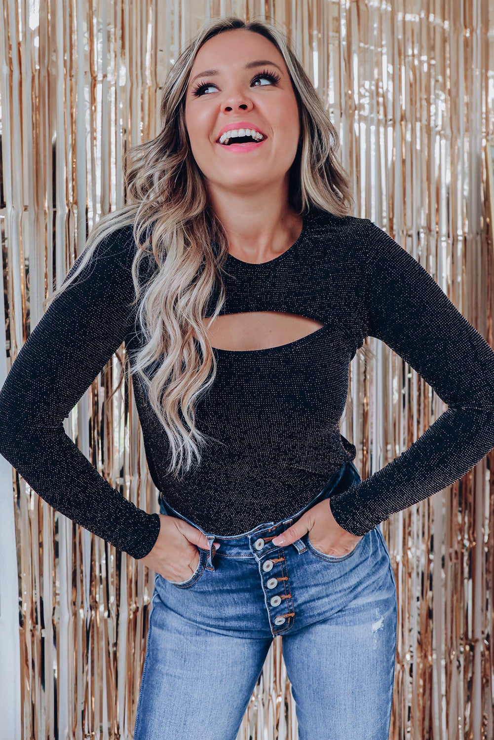 Metallic Sparkle Knit Round Neck Cut Out Front Long Sleeve Top 9